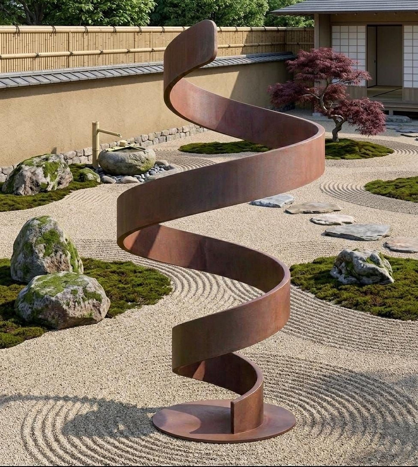 A spiral metal sculpture stands in a Japanese garden, surrounded by rocks, gravel, and a small tree.