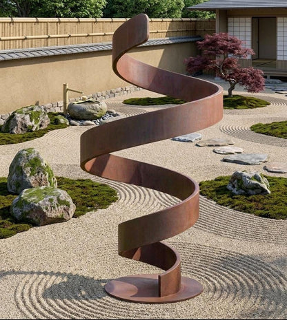 A spiral metal sculpture stands in a Japanese garden, surrounded by rocks, gravel, and a small tree.