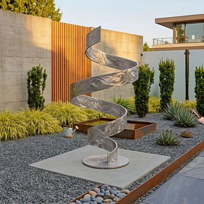 a modern garden with a unique spiral metal sculpture as the centerpiece. The sculpture is surrounded by various plants and shrubs, creating a visually appealing and harmonious outdoor space.