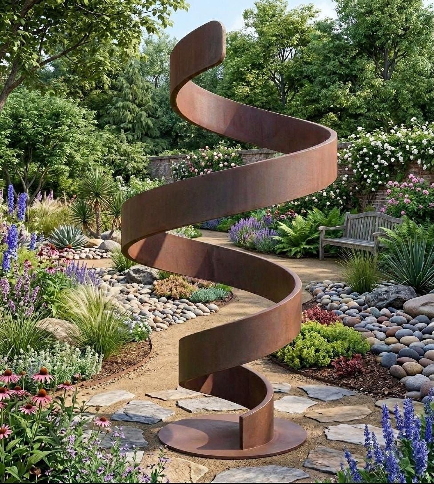 A large, spiral-shaped metal sculpture stands in a lush, colorful garden surrounded by various plants, rocks, and a wooden bench.