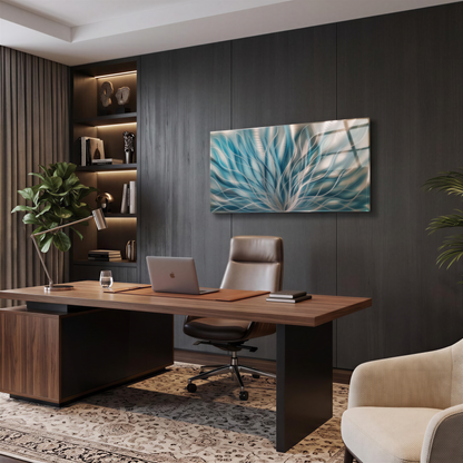 a modern office with a large painting on the wall