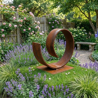 A large, rusted metal sculpture of a spiral shape stands in a lush garden filled with purple flowers and greenery.