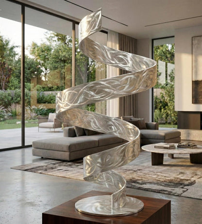 Silver Metal Sculpture: Handcrafted Luxury Modern Art Twist, Indoor or Outdoor