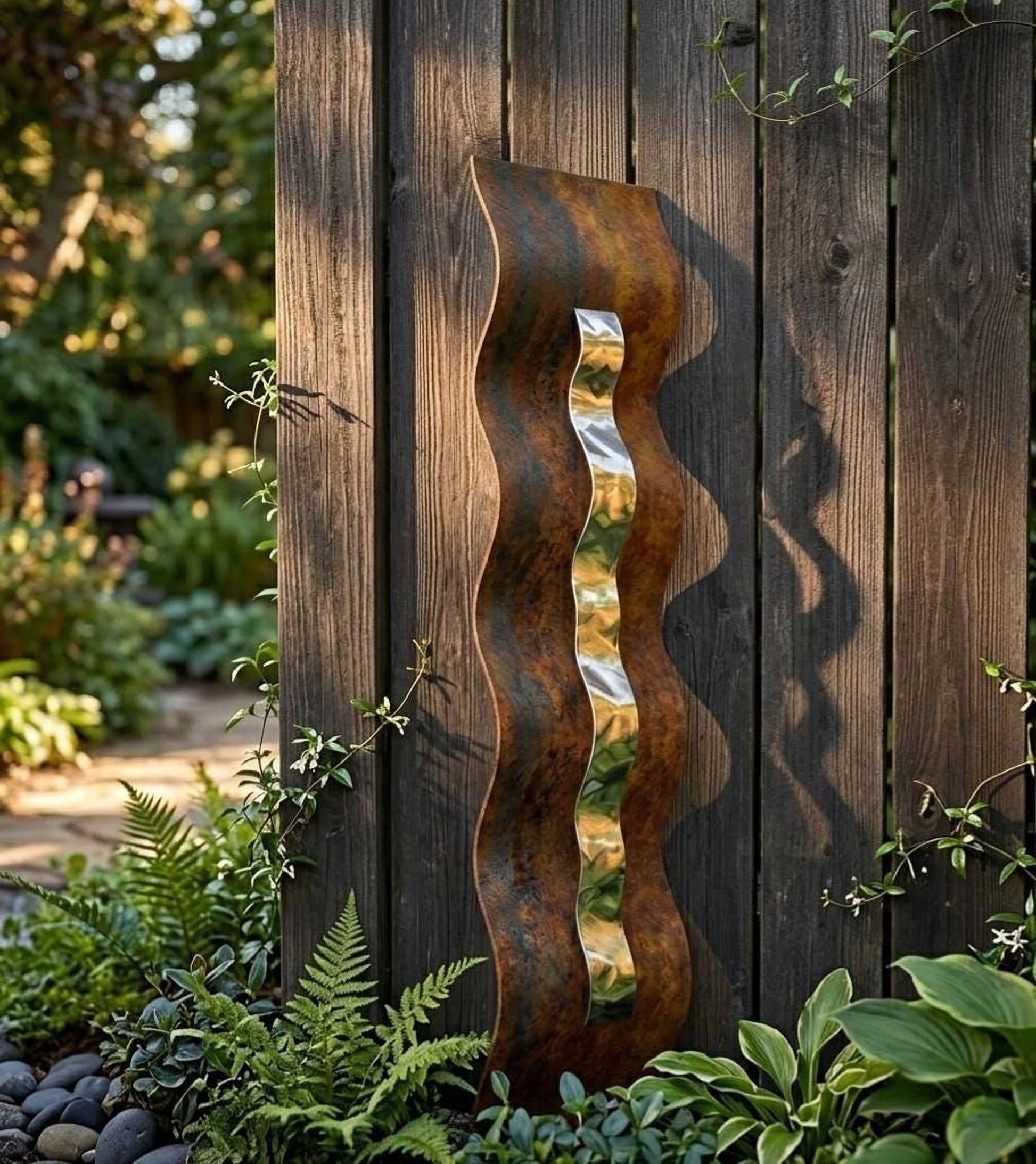a rust-colored metal sculpture with a wavy, metallic design, mounted on a wooden fence in a lush garden setting.