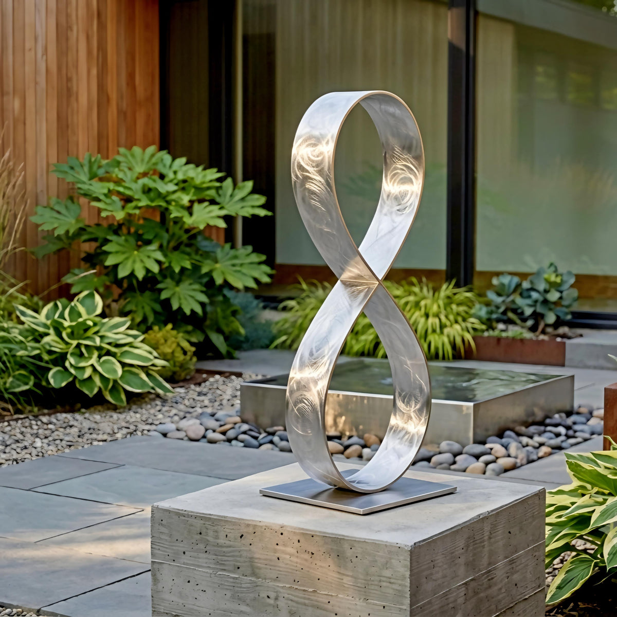 a modern outdoor sculpture consisting of a metallic ring-like structure, placed on a concrete pedestal in a garden setting.