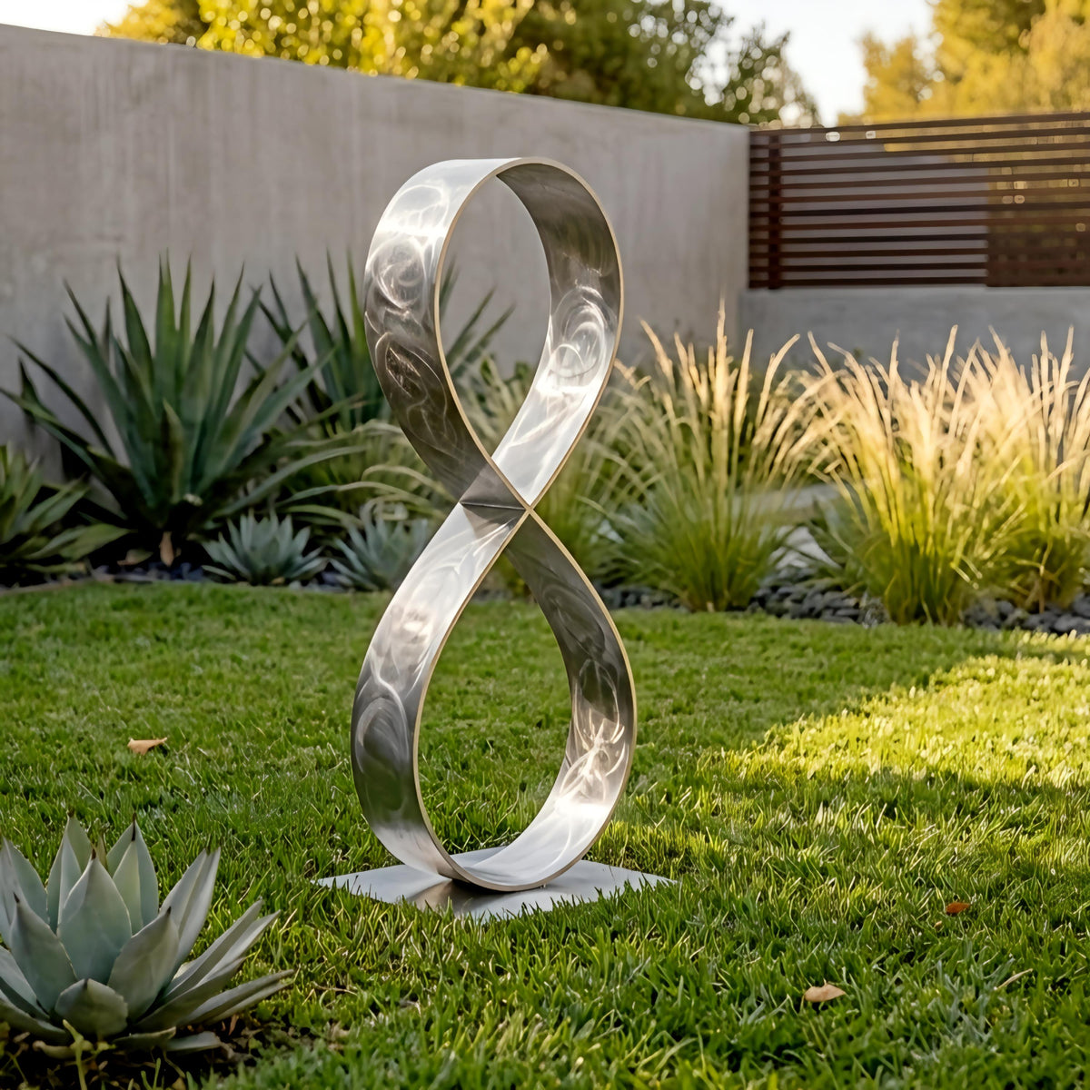 A modern, metallic sculpture resembling an infinity symbol stands in a lush, well-maintained garden with various plants and shrubs surrounding it.