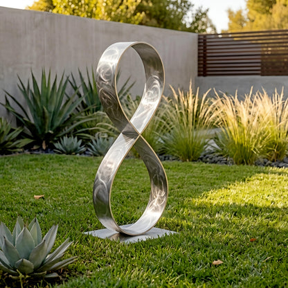 A modern, metallic sculpture resembling an infinity symbol stands in a lush, well-maintained garden with various plants and shrubs surrounding it.