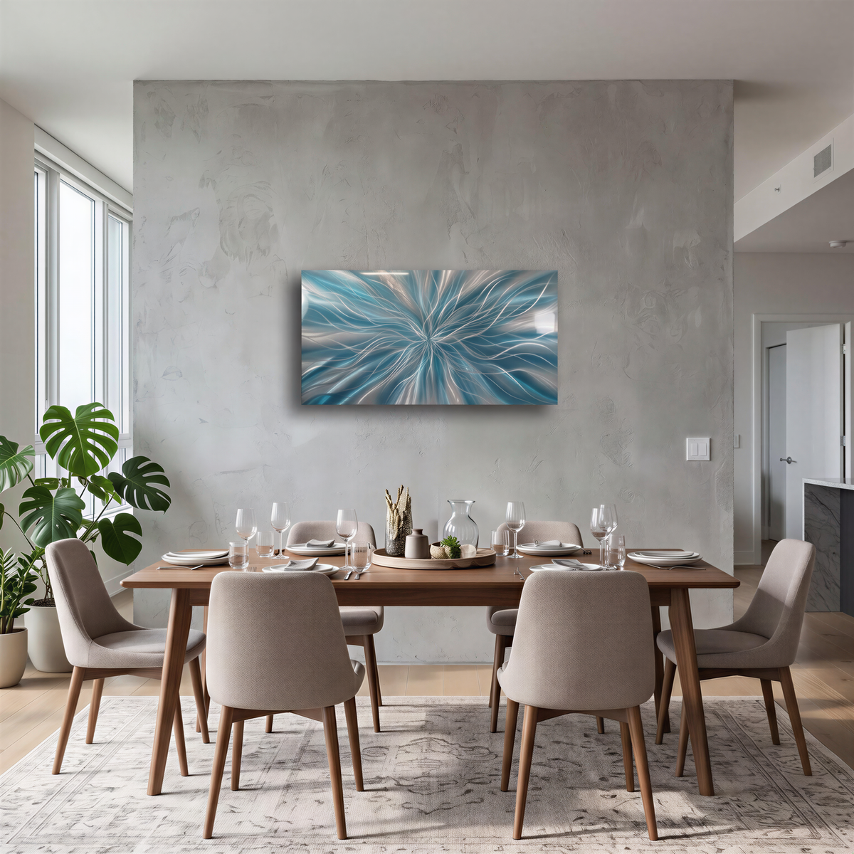 a dining room table with chairs and a painting on the wall