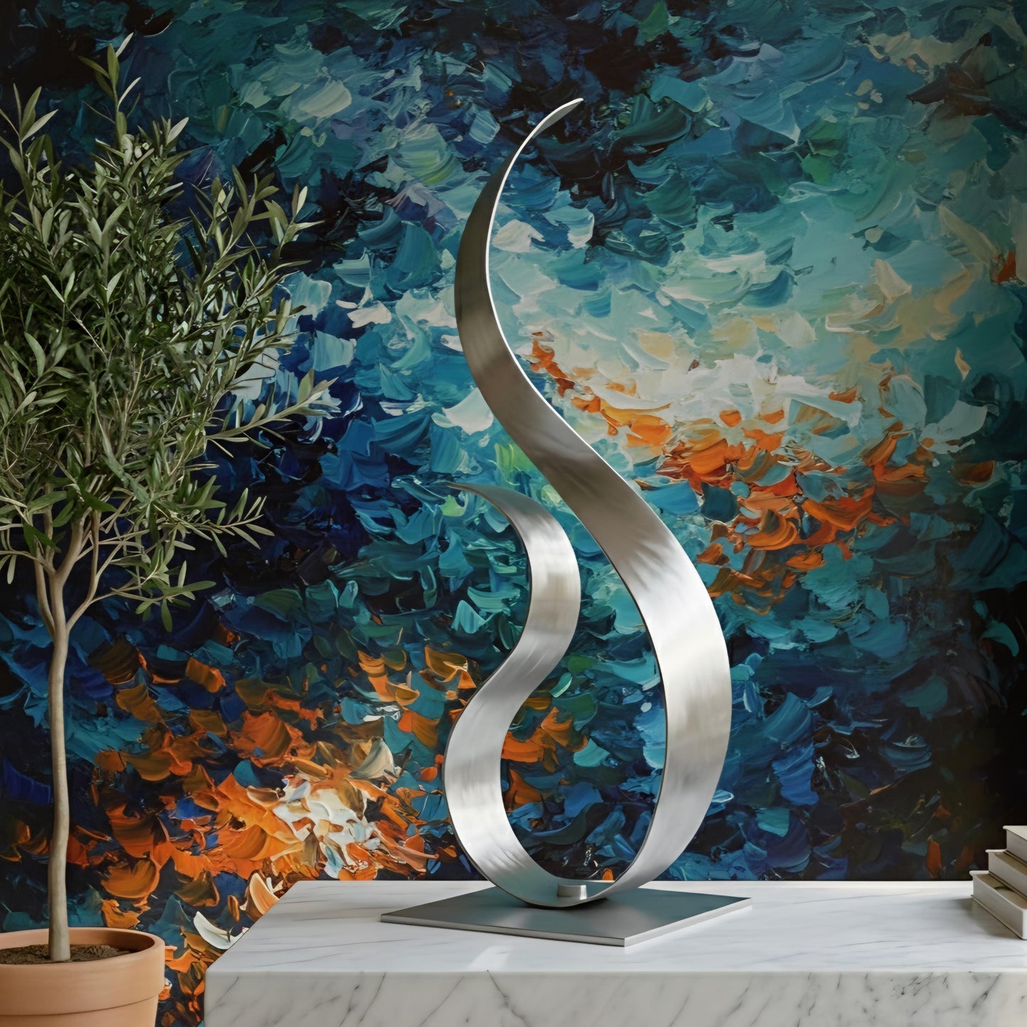 a modern, abstract sculpture with a curved, metallic design, placed on a marble surface. The background is a vibrant, colorful painting with brushstrokes that create a sense of movement and energy.