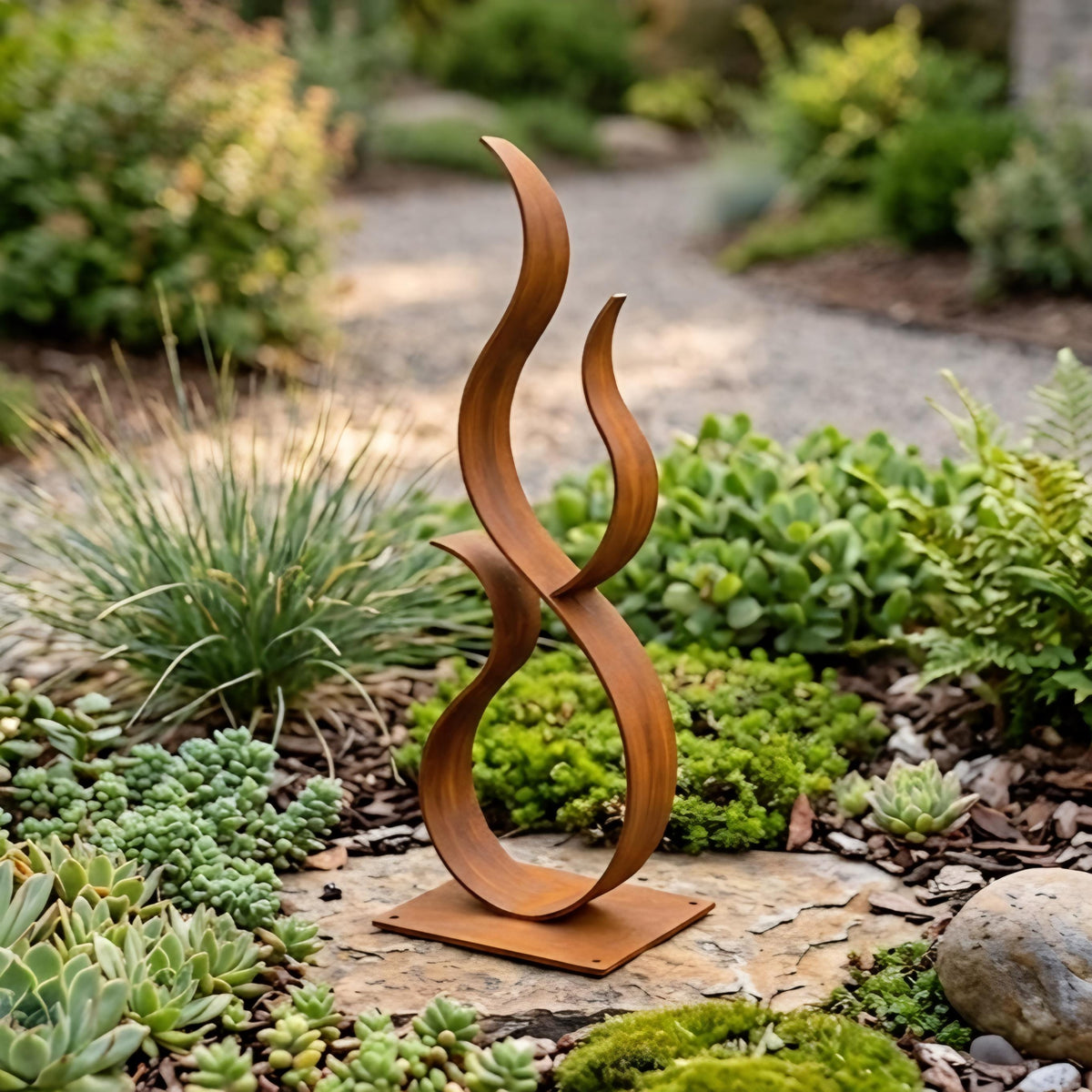 A rust-colored metal sculpture resembling a flame or wavy shape stands in a lush garden surrounded by various plants and rocks.