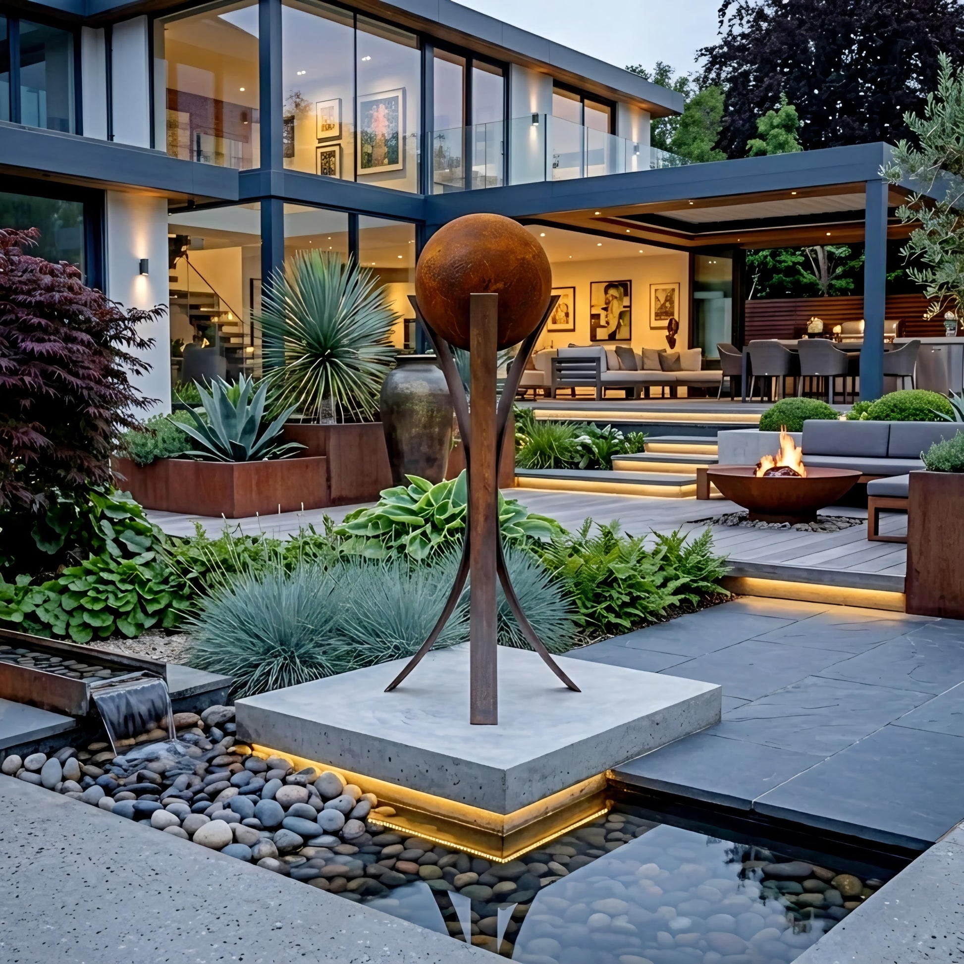 a modern outdoor living space with a large, circular sculpture in the center, surrounded by a variety of plants and a small pond with a fountain.
