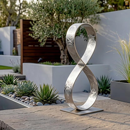 a modern garden sculpture of the number 8, surrounded by various plants and a wooden fence.