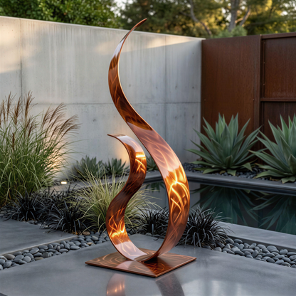 a modern outdoor sculpture with a unique, curving design that resembles a flame or a stylized bird. The sculpture is situated in a garden setting, with a pool and various plants surrounding it.