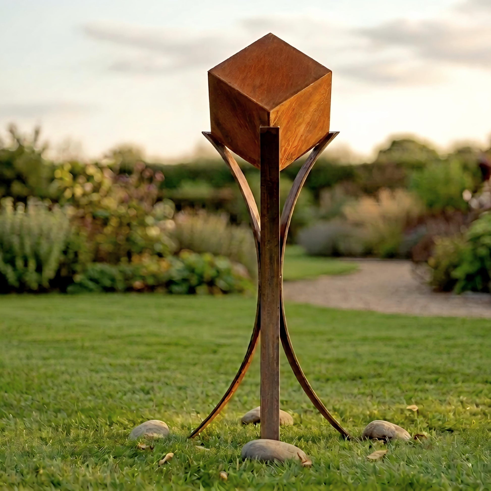 A large, square metal sculpture stands in a grassy area, surrounded by rocks.