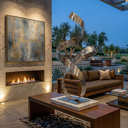 a modern living room with a fireplace, a large abstract sculpture, and a seating area with a couch and coffee table.