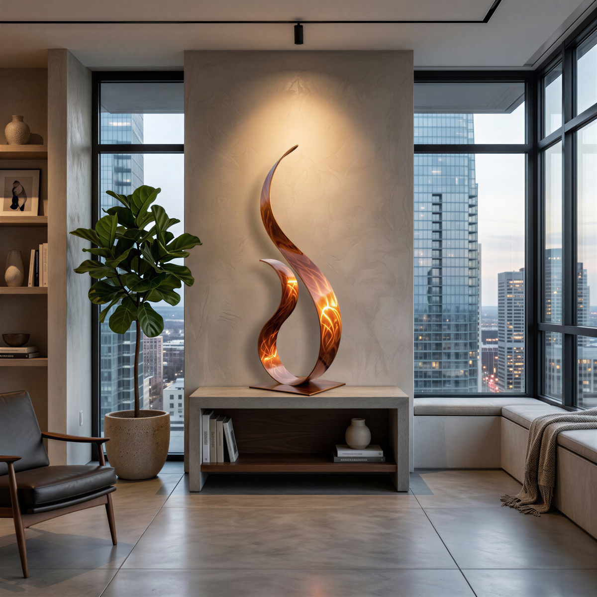 a modern living room with a large abstract sculpture in the center, a comfortable chair, a large window offering a view of the city, and a bookshelf filled with books.
