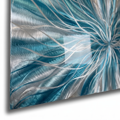 a painting of blue and white feathers on a white background