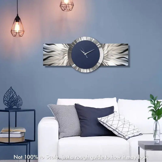 Extra Large Navy Blue Wall Clock Titled Zeta - Modern Elements Metal Art - ME6483D