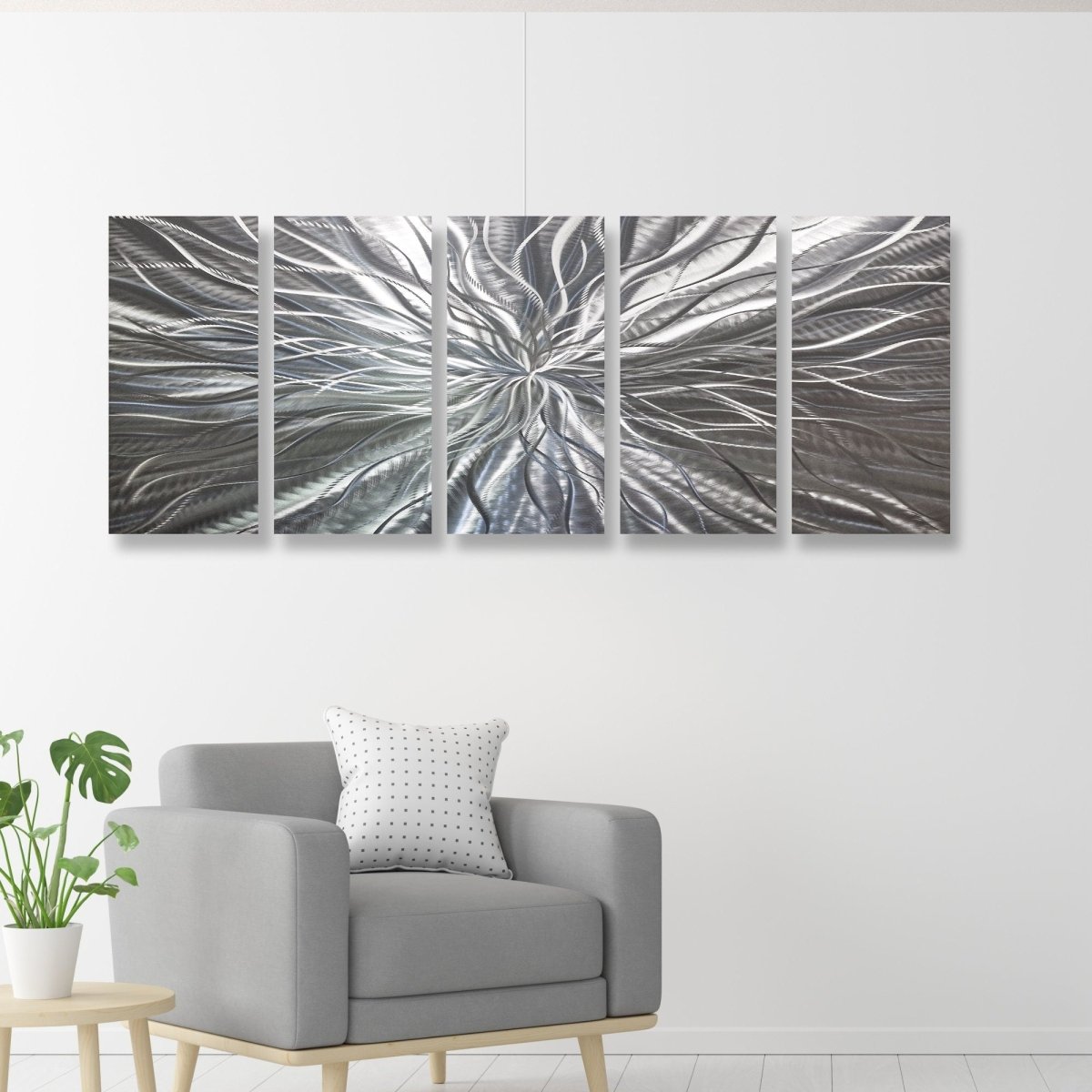 Extra Large Silver Metal Wall Art – Modern Abstract Sculpture & Metallic Gallery Decor Set - Modern Elements Metal Art - MYU749J