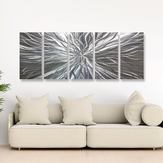 Extra Large Silver Metal Wall Art – Modern Abstract Sculpture & Metallic Gallery Decor Set - Modern Elements Metal Art - MYU749J