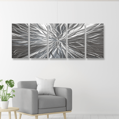 Extra Large Silver Metal Wall Art Titled Radiation (Set of 5) - Modern Elements Metal Art