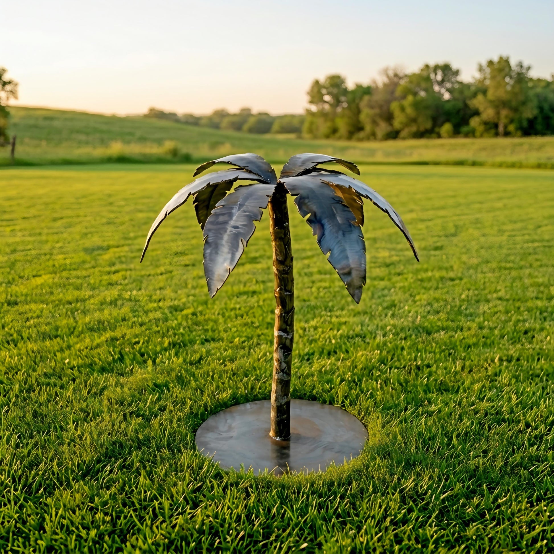 A metal sculpture of a palm tree stands in a grassy field, with a clear blue sky and trees in the background.