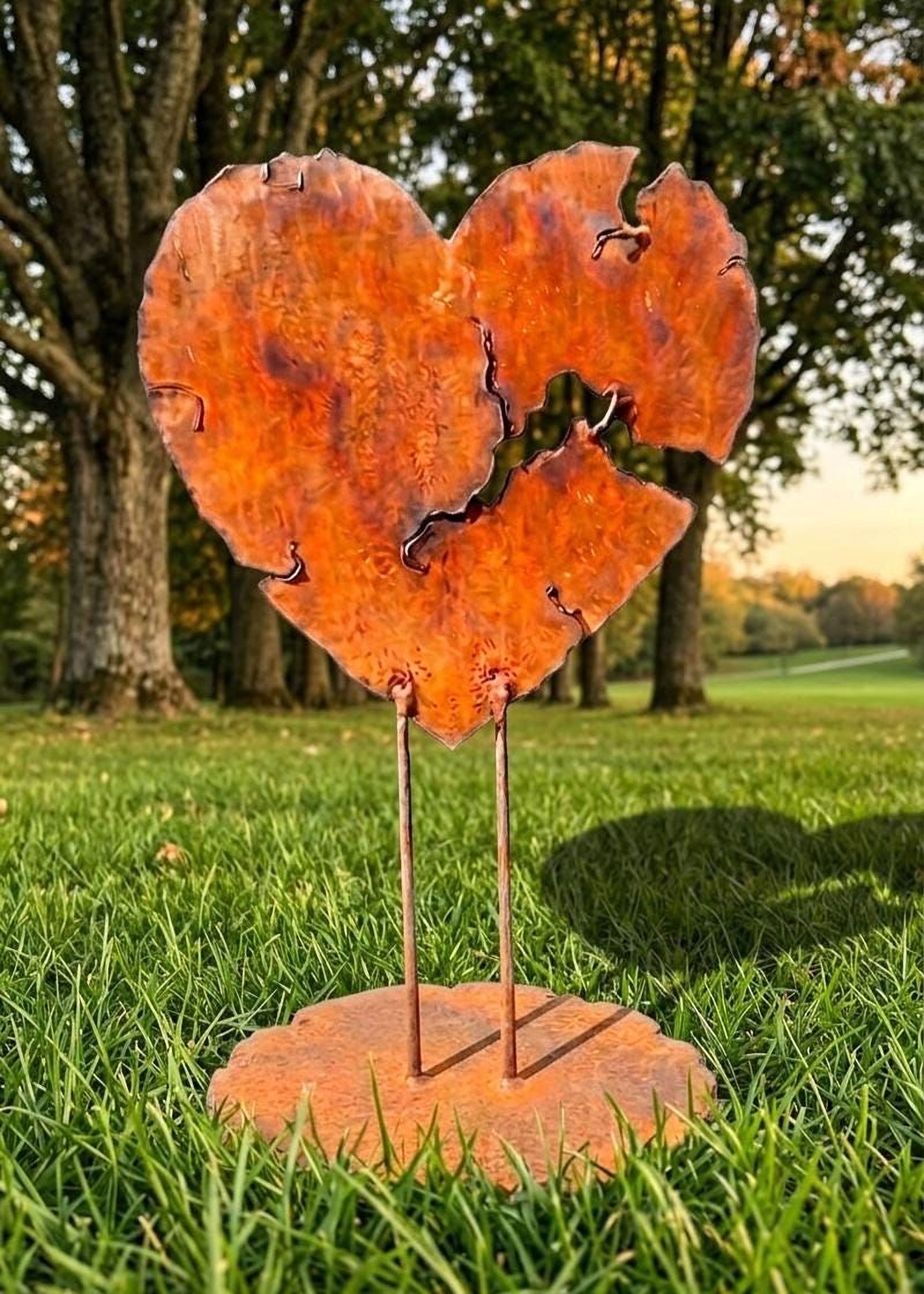 a heart-shaped sculpture made of metal, standing on a grassy area with trees in the background.