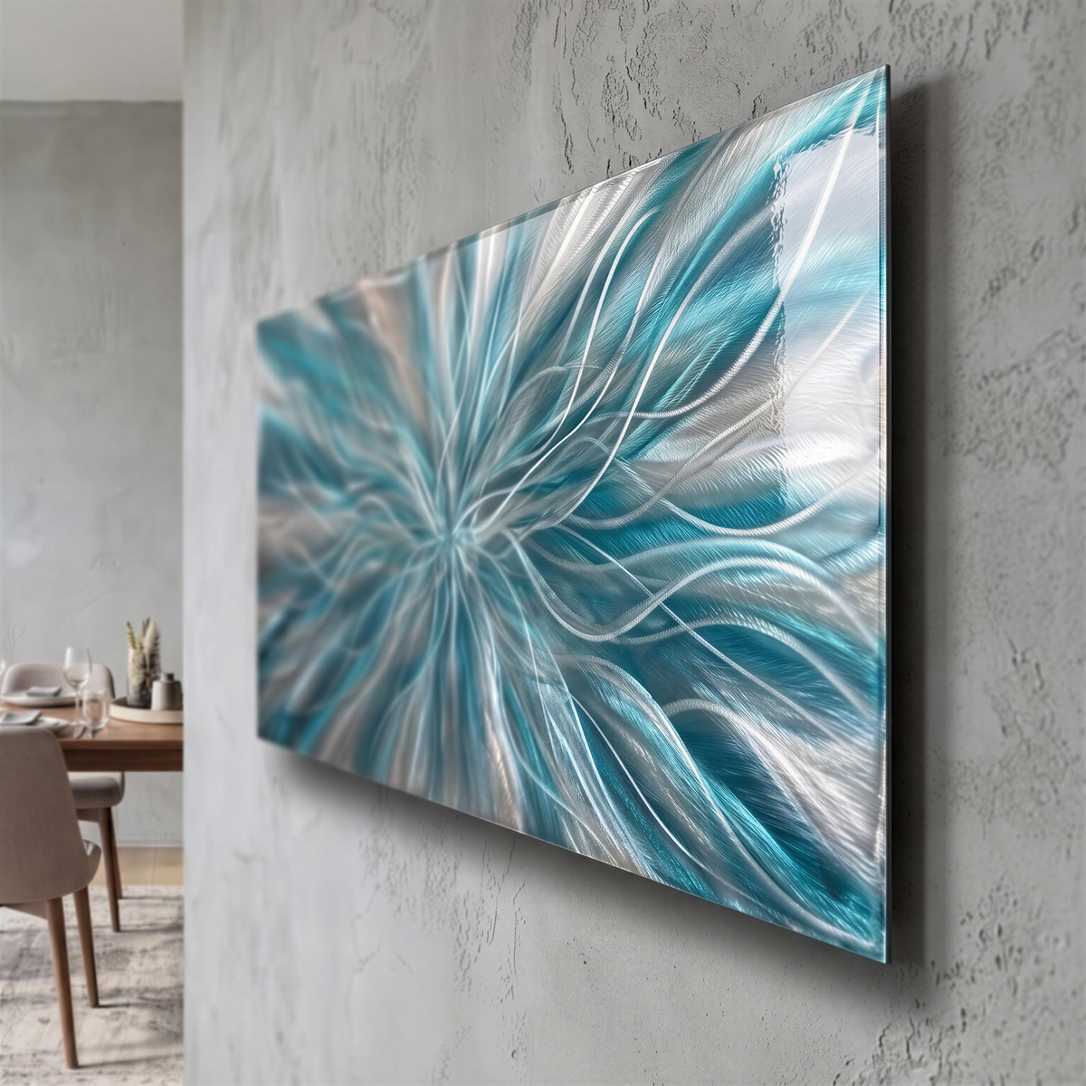 a painting hanging on a wall next to a dining room table