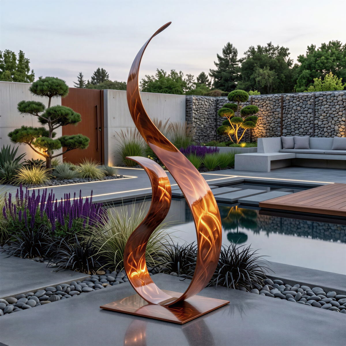 a modern garden with a large, abstract sculpture resembling a flame or a wave in the foreground. The garden is surrounded by a stone wall and has a pool in the background, creating a serene and tranquil atmosphere.