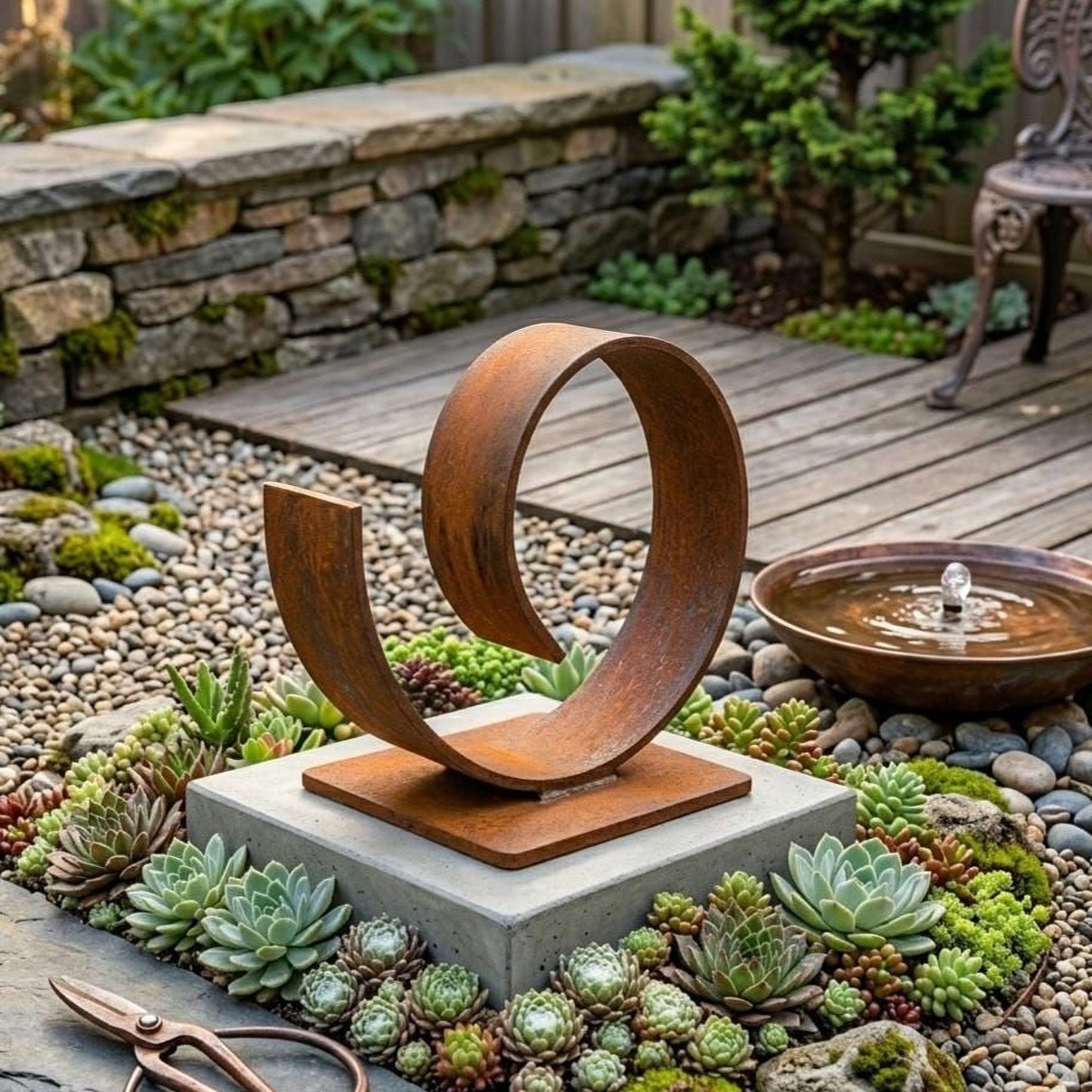 a rust-colored metal sculpture with a circular shape, placed on a concrete base surrounded by a variety of succulent plants and rocks in a garden setting.