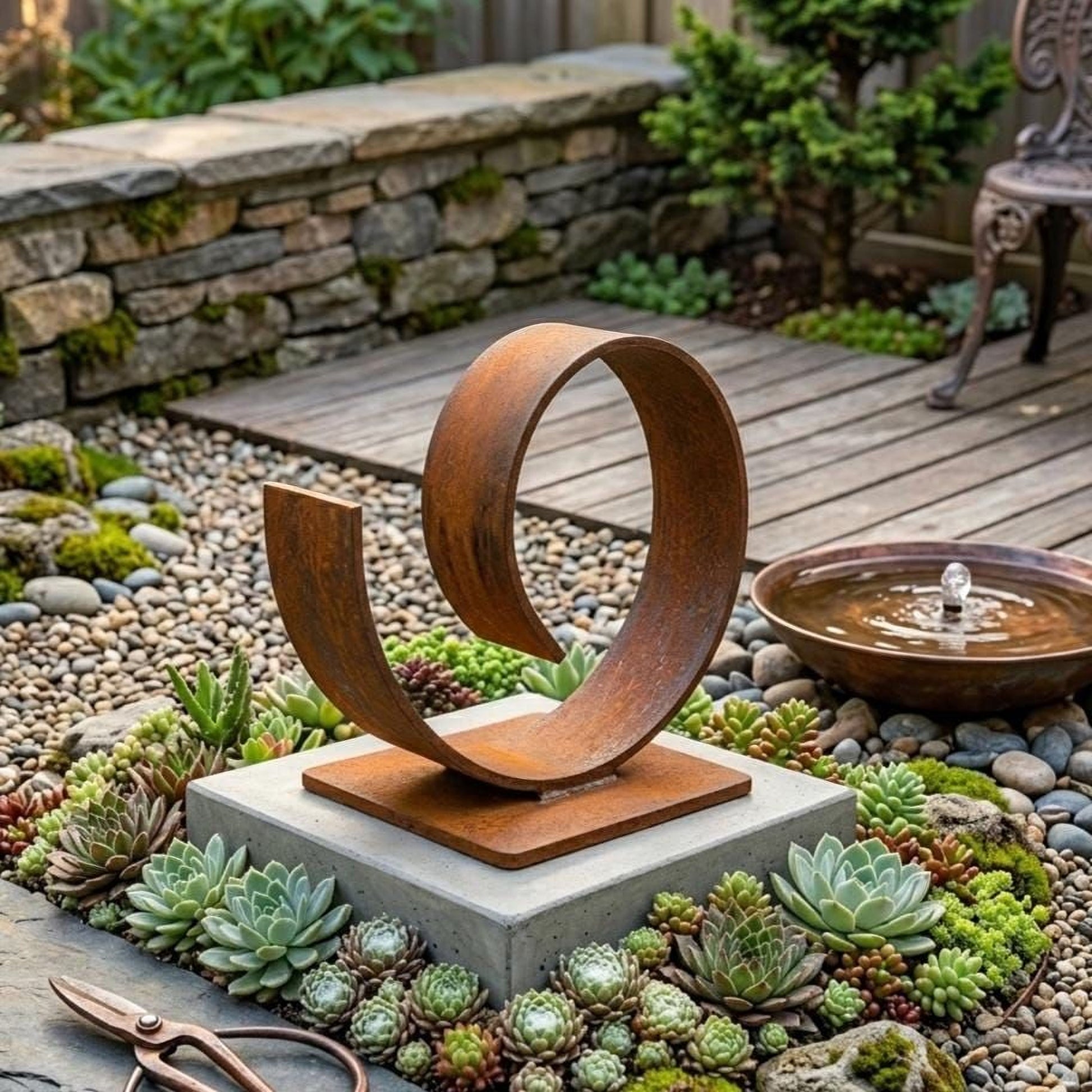 a rust-colored metal sculpture with a circular shape, placed on a concrete base surrounded by a variety of succulent plants and rocks in a garden setting.