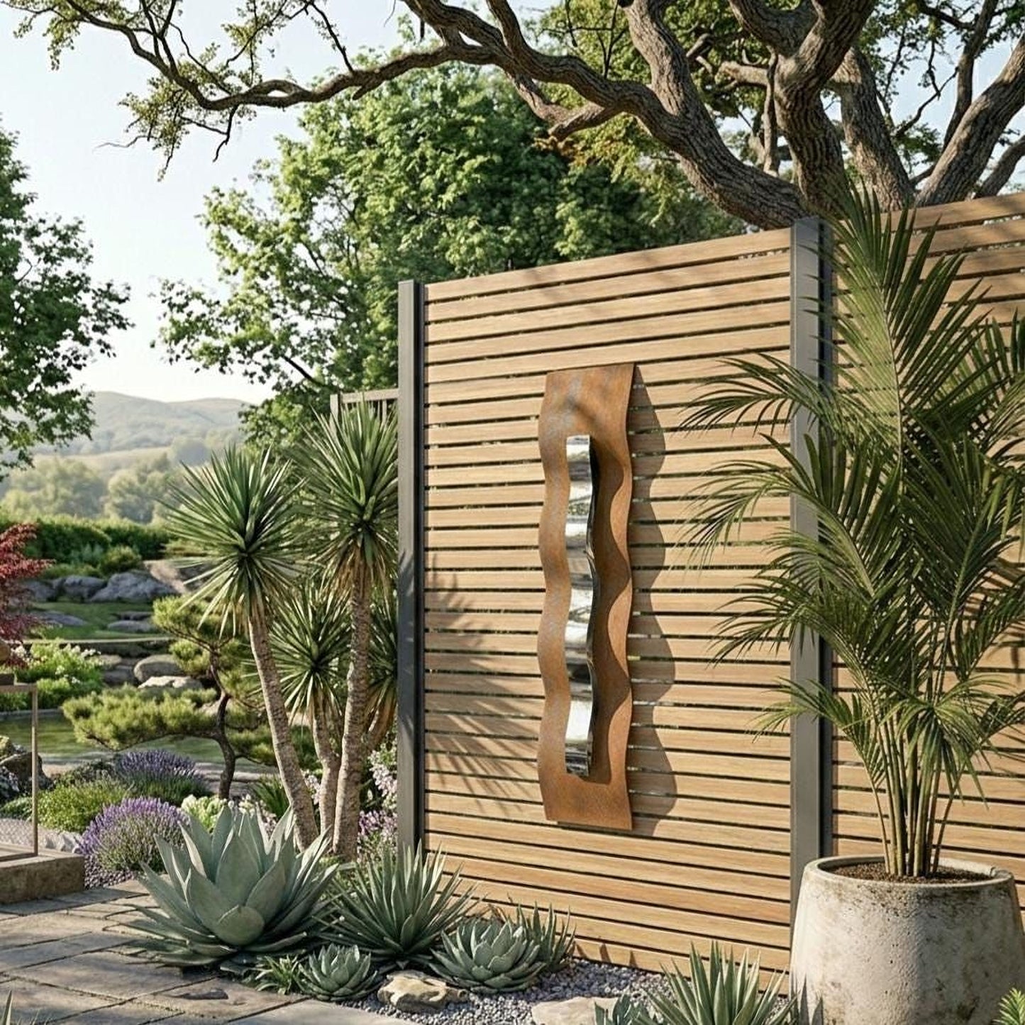 a serene garden scene with a wooden fence, lush greenery, and a large potted plant. The fence has a unique metal sculpture hanging on it, adding an artistic touch to the landscape.
