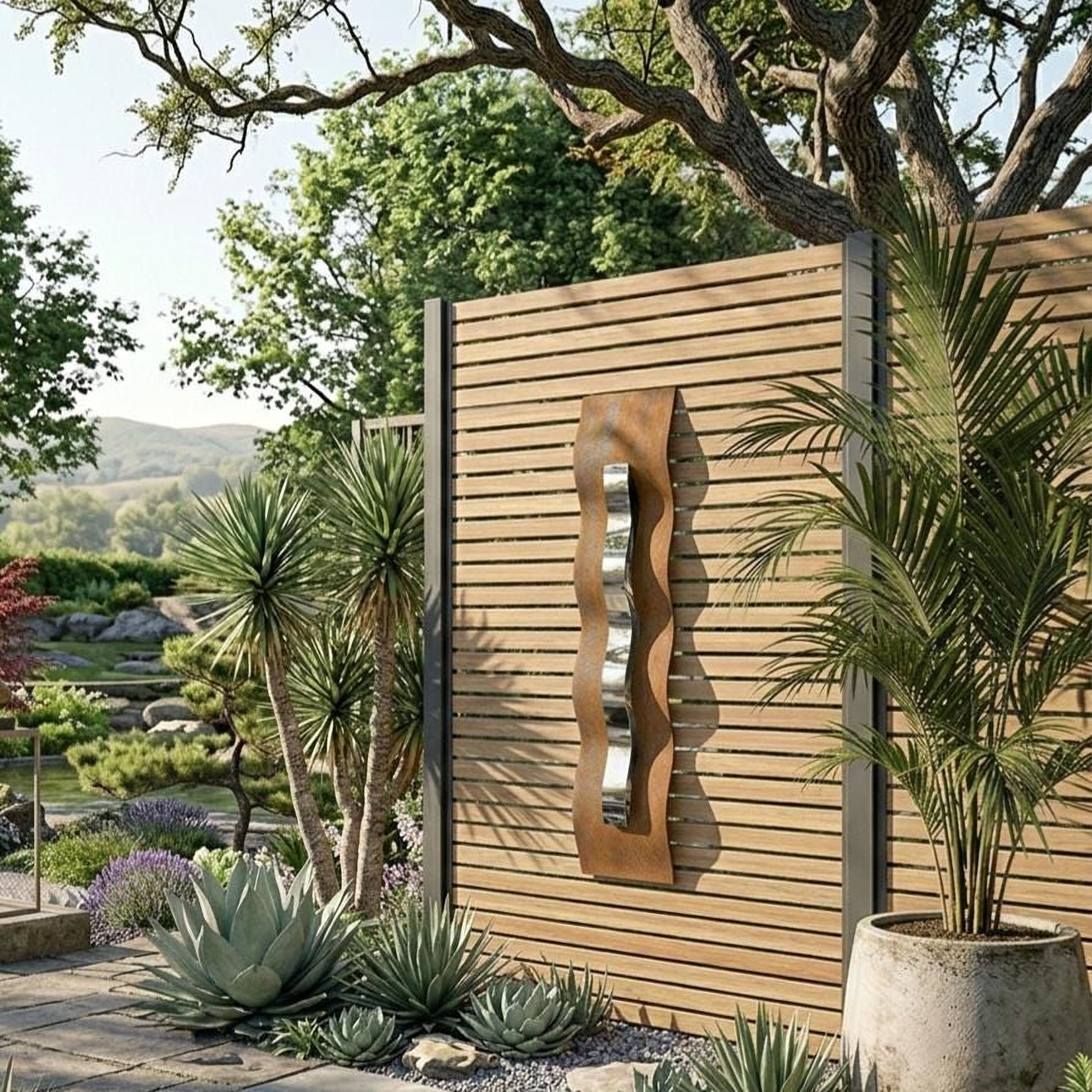 a serene garden scene with a wooden fence, lush greenery, and a large potted plant. The fence has a unique metal sculpture hanging on it, adding an artistic touch to the landscape.