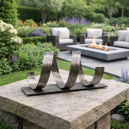 a garden with a stone sculpture of a spiral-shaped metal piece placed on a stone pedestal. In the background, there is a seating area with a fire pit and a table with chairs.