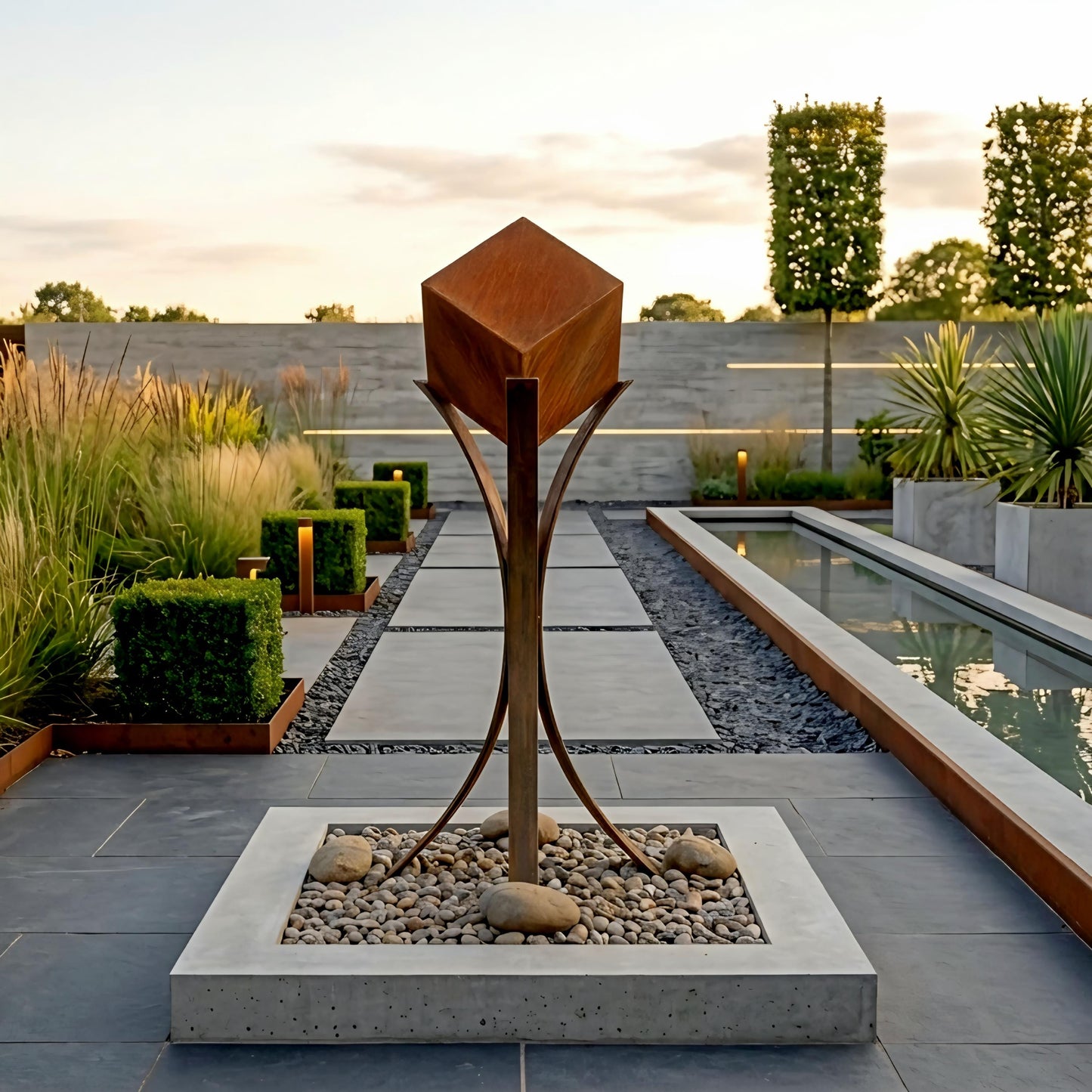 a modern garden with a large sculpture in the center, surrounded by a gravel path and various plants.
