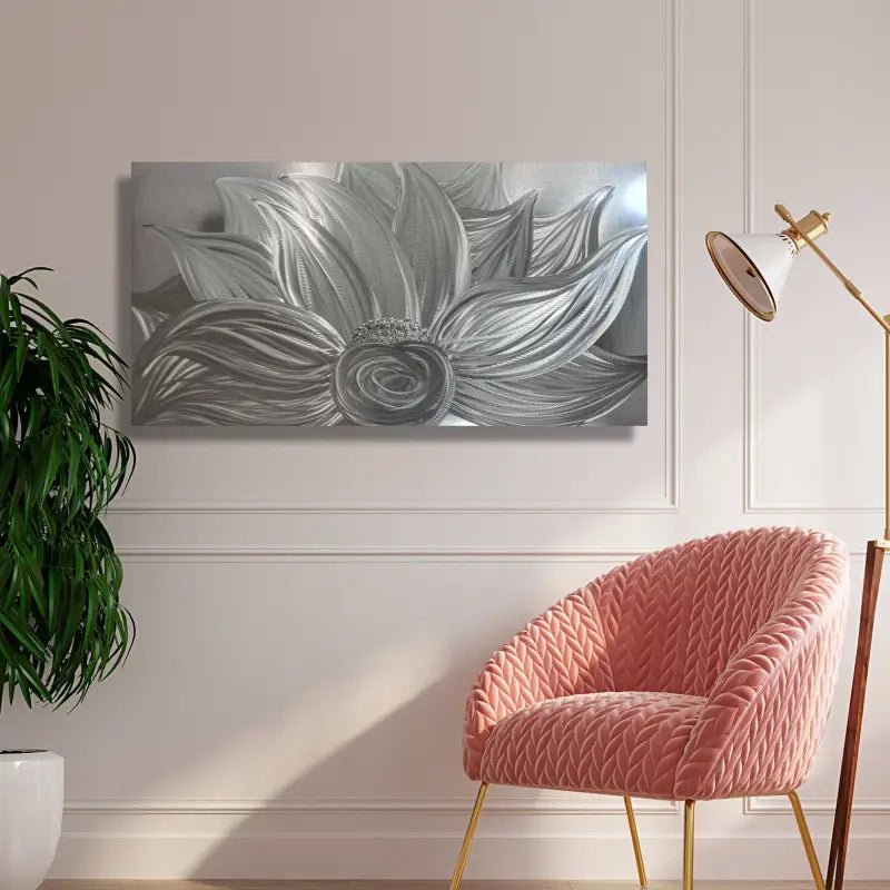 Flower Wall Art Titled "Silver Lotus" - Modern Elements Metal Art - MYK7578J