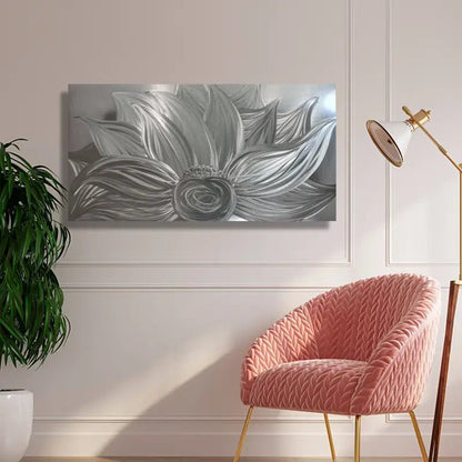 Flower Wall Art Titled "Silver Lotus" - Modern Elements Metal Art - MYK7578J