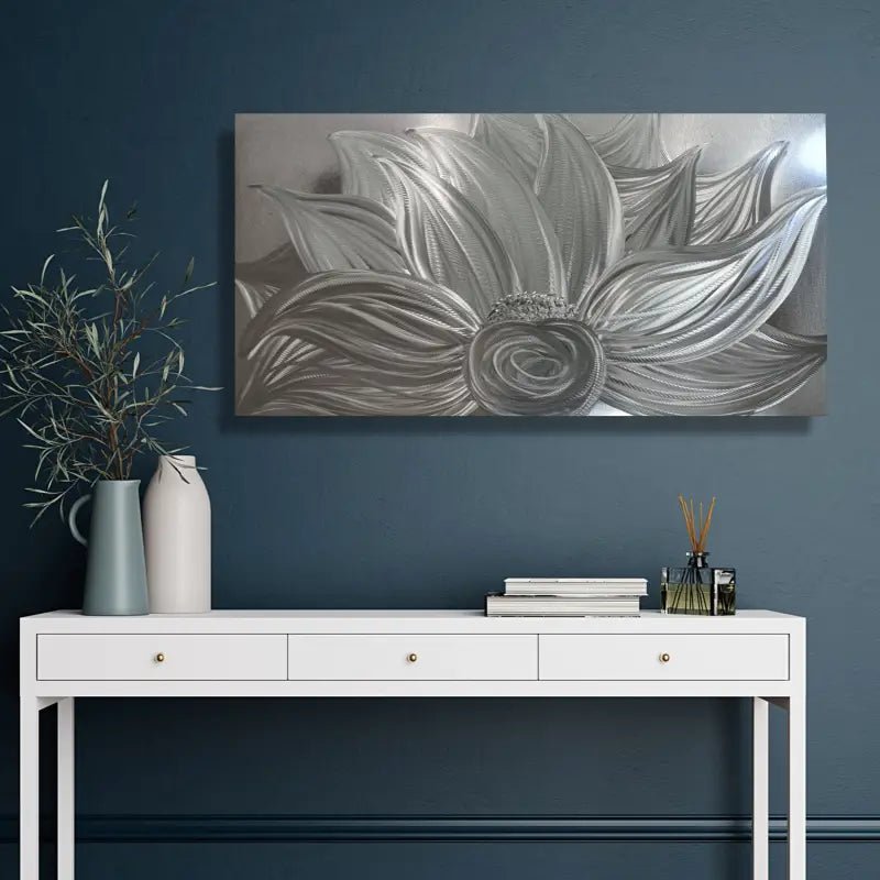 Flower Wall Art Titled "Silver Lotus" - Modern Elements Metal Art - MYK7578J
