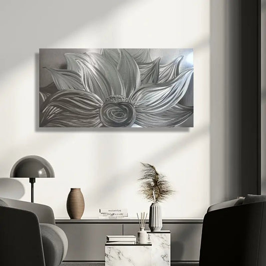 Flower Wall Art Titled "Silver Lotus" - Modern Elements Metal Art - MYK7578J