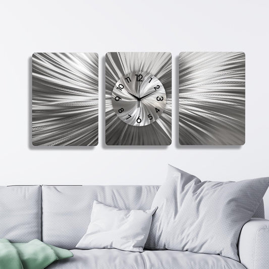 Handmade 3 - Piece Modern Silver Wall Clock | Unique Etched Alloy Art - Modern Elements Metal Art - ME66282