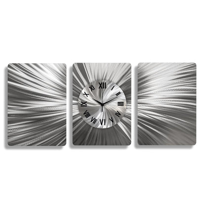 Handmade 3 - Piece Modern Silver Wall Clock | Unique Etched Alloy Art - Modern Elements Metal Art - ME66282