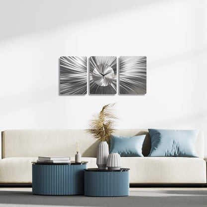 Handmade 3 - Piece Modern Silver Wall Clock | Unique Etched Alloy Art - Modern Elements Metal Art - ME66282