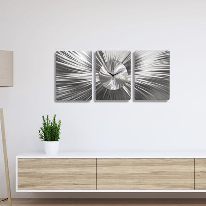 Handmade 3 - Piece Modern Silver Wall Clock | Unique Etched Alloy Art - Modern Elements Metal Art - ME66282