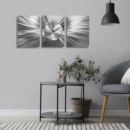 Handmade 3 - Piece Modern Silver Wall Clock | Unique Etched Alloy Art - Modern Elements Metal Art - ME66282