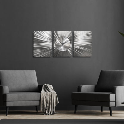 Handmade 3 - Piece Modern Silver Wall Clock | Unique Etched Alloy Art - Modern Elements Metal Art - ME66282