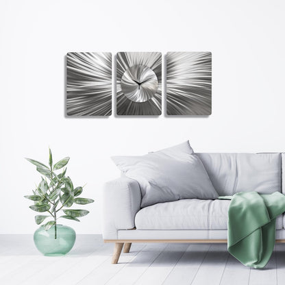 Handmade 3 - Piece Modern Silver Wall Clock | Unique Etched Alloy Art - Modern Elements Metal Art - ME66282