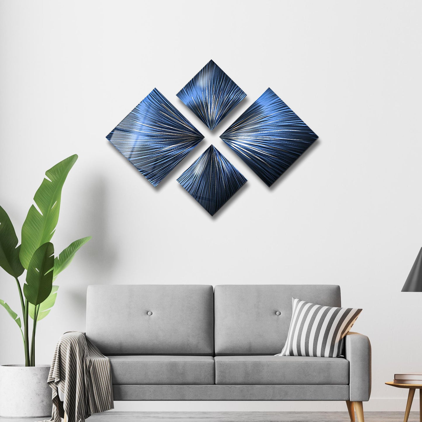 Navy Blue Metal Wall Art Set of 4 Titled Sapphire Serenity