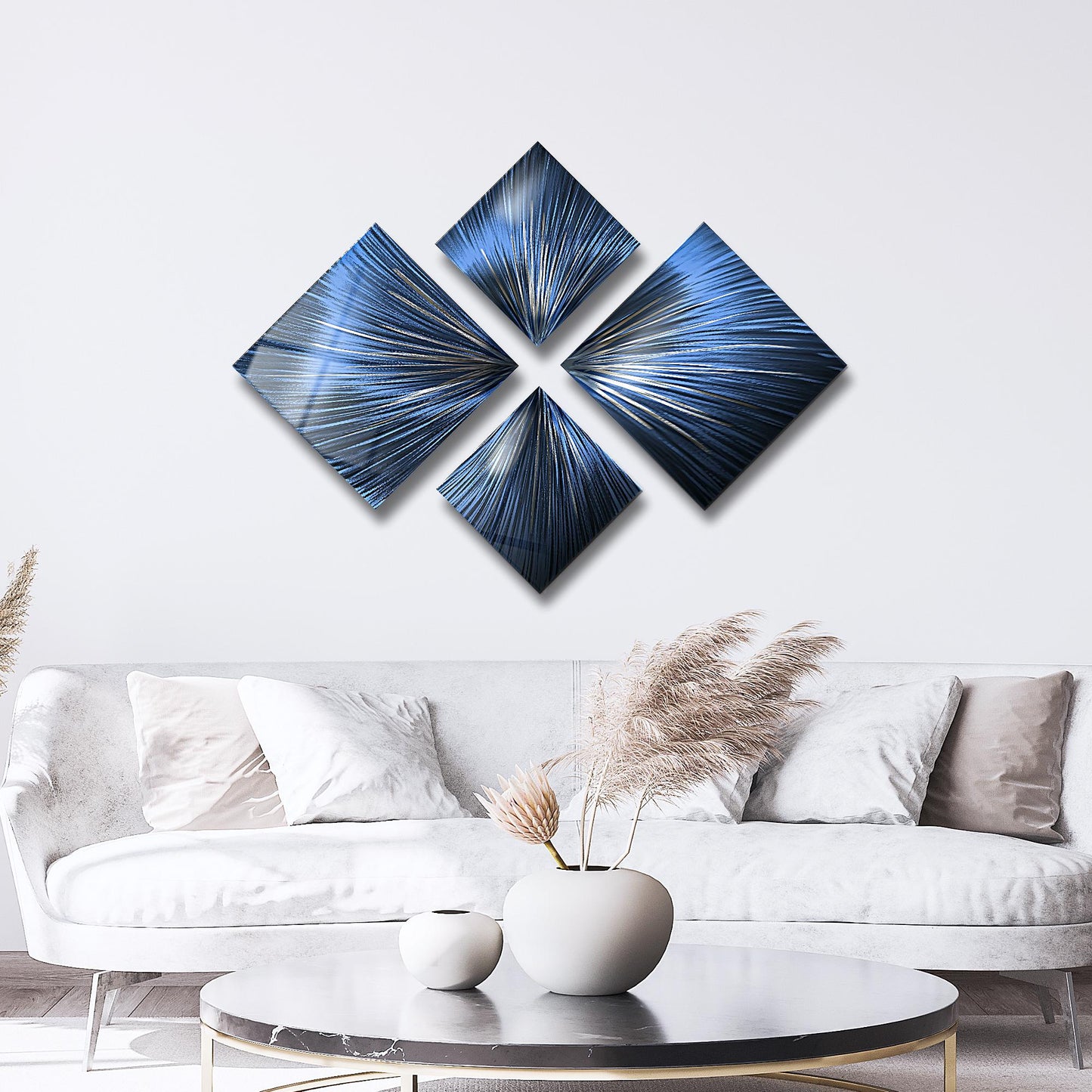 Navy Blue Metal Wall Art Set of 4 Titled Sapphire Serenity