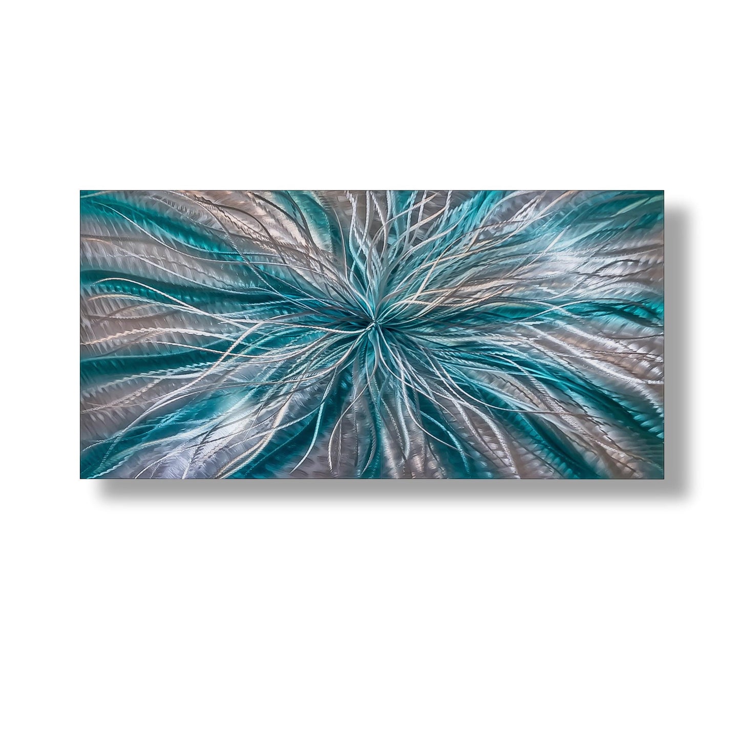 Teal and Silver Abstract Metal Wall Art Sculpture Titled Radiation