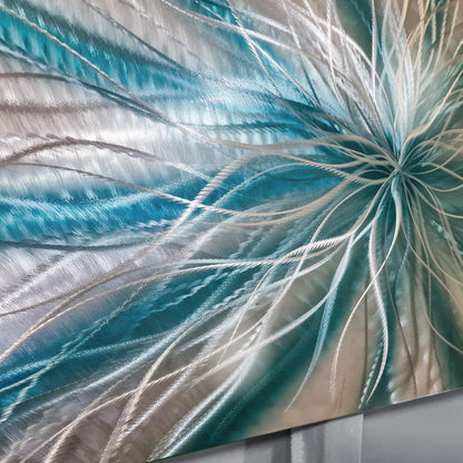 Teal and Silver Abstract Metal Wall Art Sculpture Titled Radiation